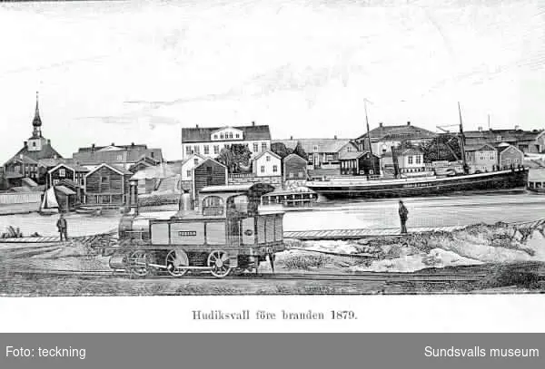 Teckning av Hudiksvall före branden 1879.