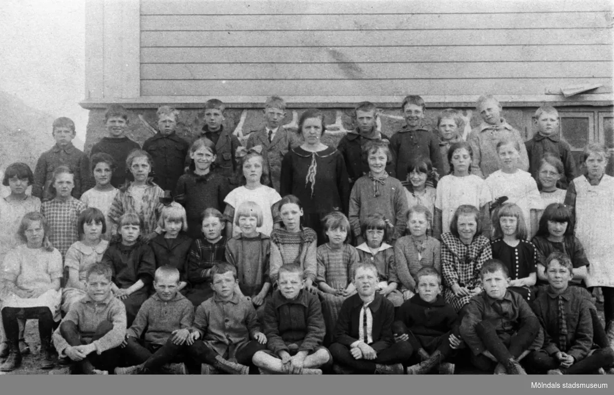 Skolklass med pojkar och flickor uppställda utomhus med lärarinnan i mitten. Toltorpsskolan i Mölndal år 1925.