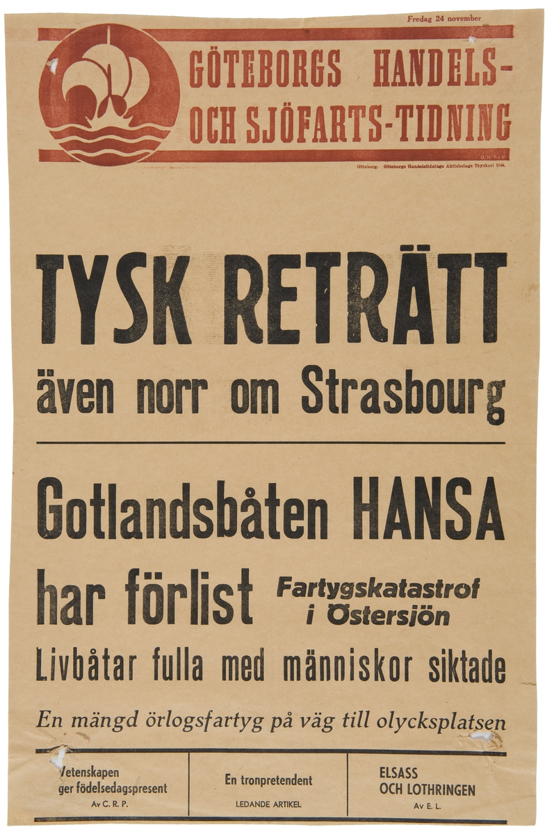 Löpsedel från Göteborgs handels och sjöfarts-tidning.