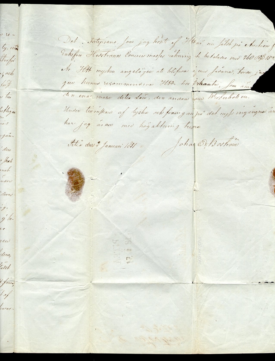 Albumblad innehållande 1 monterat förfilatelistikst brev

Text: Brev avsänt från Piteå den 2 januari 1851 till Stockholm

Stämpeltyp: Normalstämpel 7  typ 3
