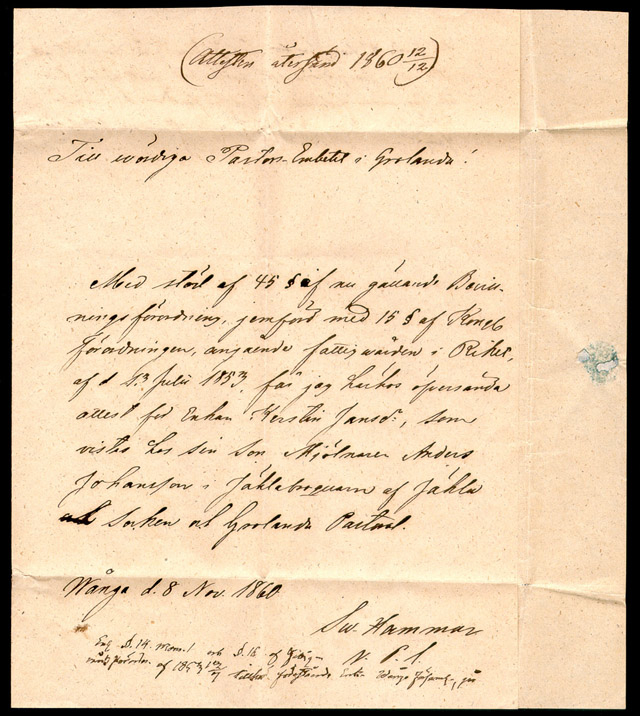 Albumblad innehållande 1 monterat brev

Text: Brev från Skara den 11 november 1860, frankerat med 12 öre
Vapentyp (utgivet 1858), till Falköping/Grolanda.

Stämpeltyp: Normalstämpel 10