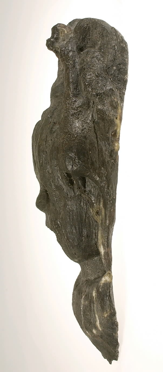 Skulptur i form av ett knubbigt barnhuvud.

Skulpturen har en stor mun, stora ögon, liten bred näsa, runda kinder och hög välvd panna. Pannan är delvis täckt av nedhängande hårlockar och ringlande hårtestar ses utmed sidorna.

Ansiktet inramas av ett kapuschongliknande "hölje" som upptill delvis har formen av benliknande bildningar. Bakom dessa bildningar avtecknar sig något som närmast liknar ett hårt virat, halvrunt textilstycke, placerat på den lockiga hjässan - huvudbonad eller huvudprydnad? "Höljet" är upptill avbrutet. Halsen är täckt av en tjock, flikig krage. Skulpturens baksida är slät och plan.

Skulpturen är mycket sliten, med sprickor. Upptill, på skulpturens framsida, är ett mindre parti bortbrutet.

Vid bärgningen syntes spår av guld.



Text in English: A sculpture of a head of a child.

The sculpture has a large mouth, large eyes, a small, broad nose, round cheeks and a high curved forehead. The forehead is partly covered by hanging locks of hair and ringlets of hair at the sides.

The face is framed by a hood-like head-dress which has has bone-like formations at the top. Behind these formations there is a seemingly tightly-wound, half round piece of cloth, placed on the curly head. The hood is broken off above. The neck is covered by a thick, lobed collar. The back of the figure is smooth and flat.

The sculpture is badly worn, with cracks. A small section of the top is missing at the front.