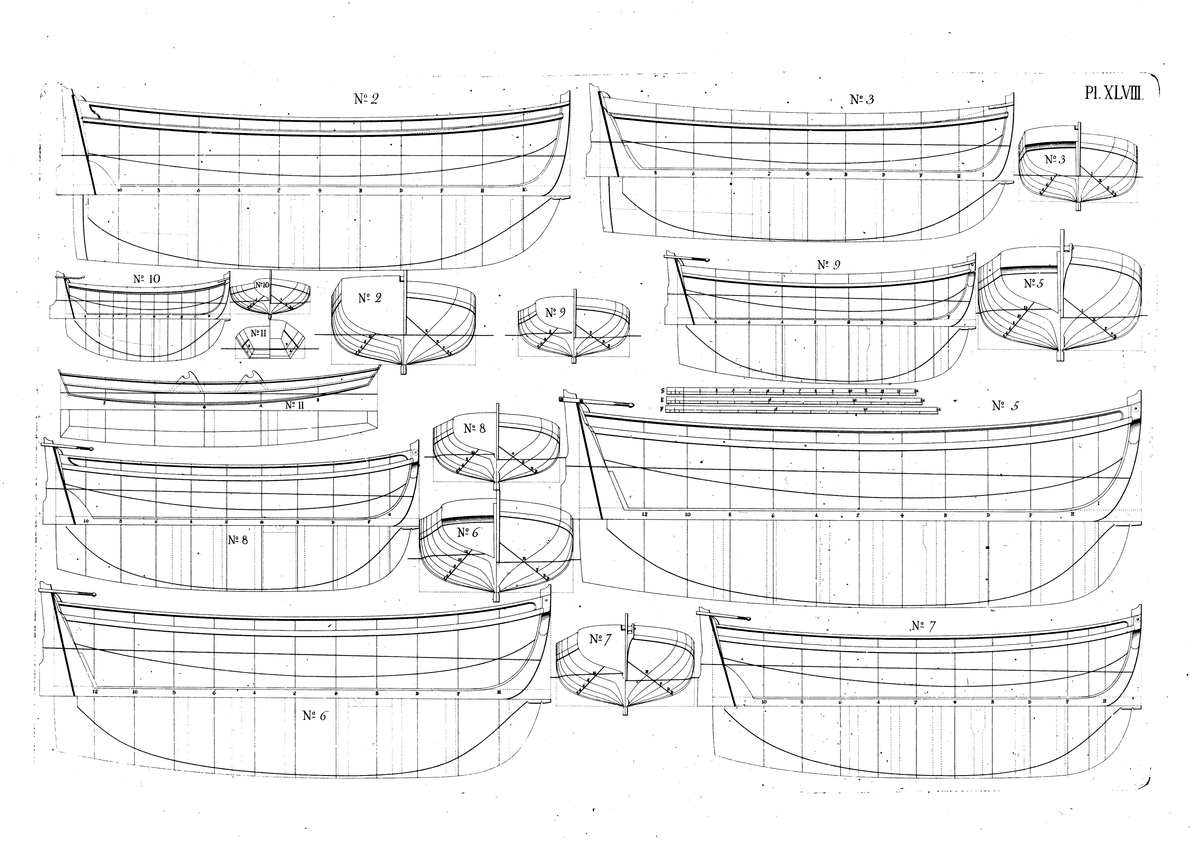Skeppsbåtar. Barkasser (ritning nr 2 och 3), äspingar (nr 5, 6, 7, 8 och 9), en julle (nr 10) och en eka (nr 11). Profil-, spant- och linjeritningar.