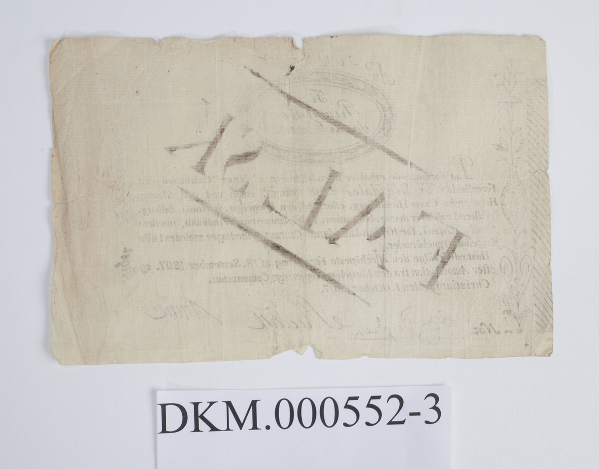 Forfalskning av seddel for ti riksdaler fra 1807.