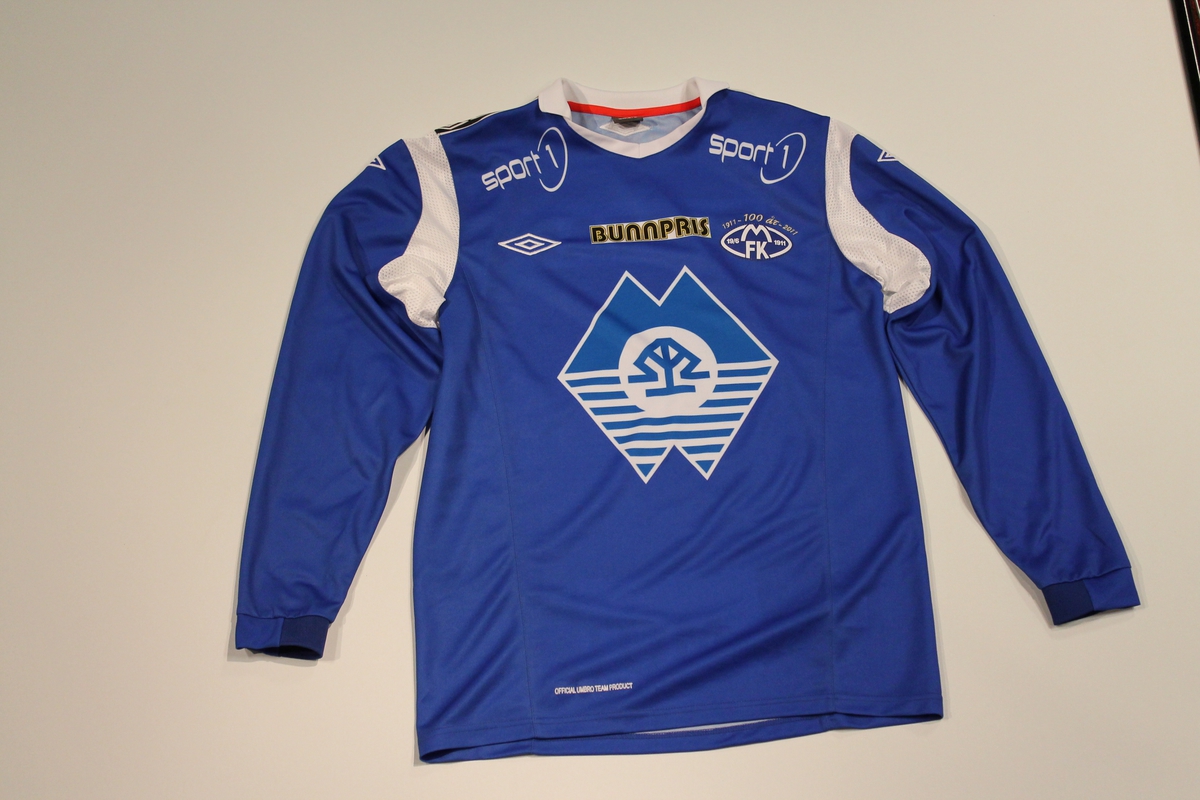 Spillertrøye fra Tippeligaen 2011. Molde FK. Med 100-årsjubileum-logo Størrelse L. Made in Ukraine