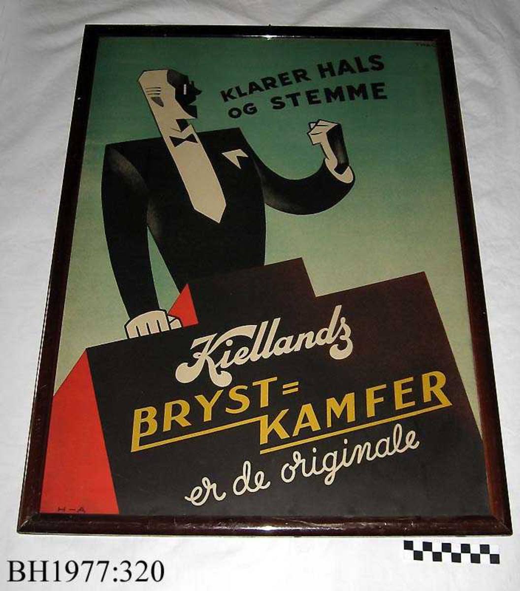 Form: Reklameplakat, avbildet en mann på talerstol, grønn bakgrunn, med tekst:"KLARER HALS OG STEMME Kiellands BRYST-KAMFER er de originale. Innrammet med rød/brun rammelist.
