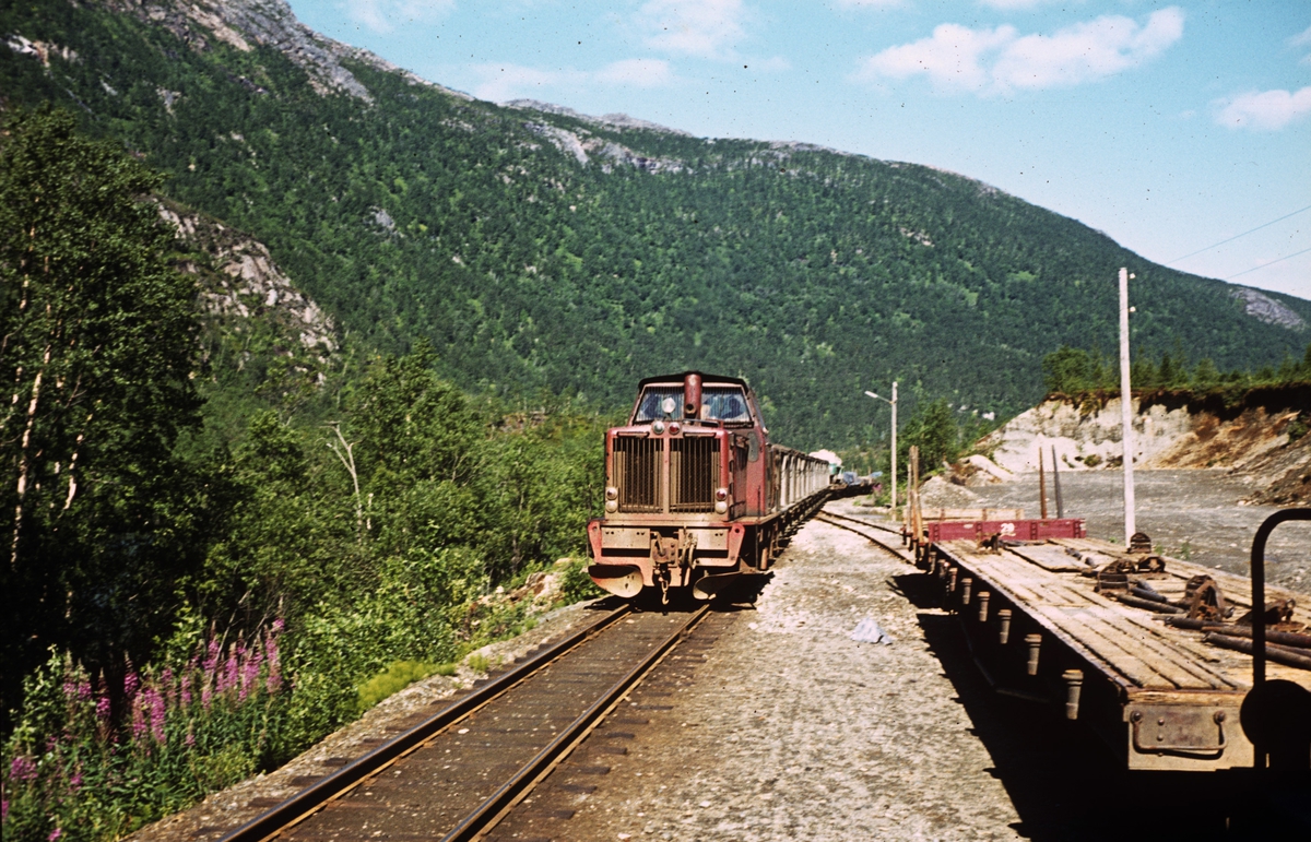 Sulitjelmabanens diesellokomotiv ODIN med tog til Lomi på Ågifjellet holdeplass