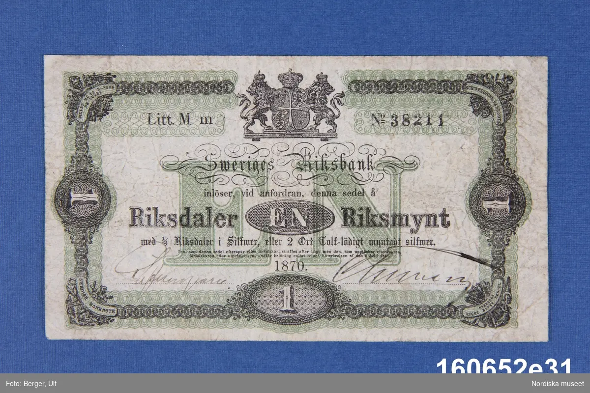 Sveriges Riksbank, 1 riksdaler riksmynt. Daterad 1870, litt M m nr 38211.