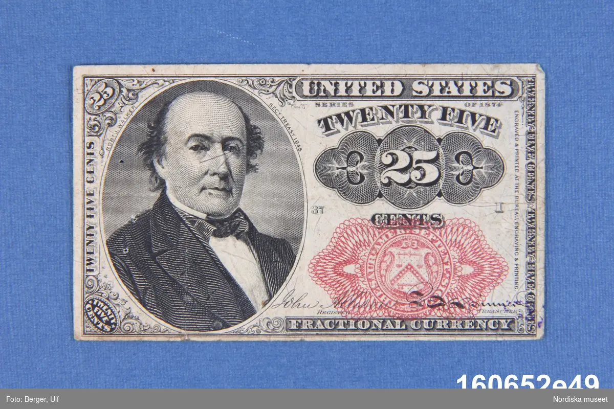 Sedel från USA. Columbian Bank Note Co Washington D.C.,"Series of 1874", 25 cents fractional currency.