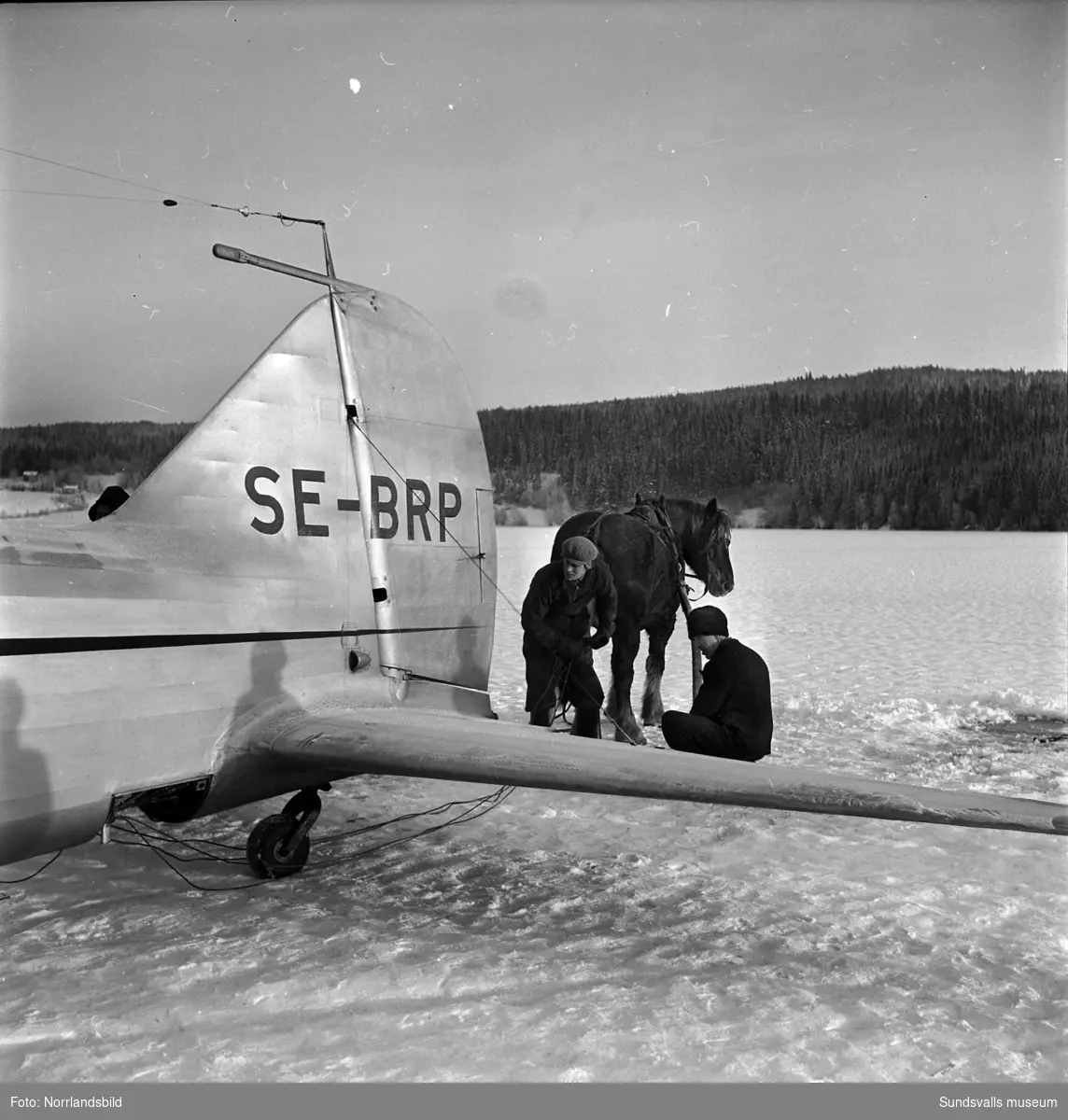 En måndagseftermiddag i början av december 1950 gjorde kapten Torwald Andersson en perfekt landning på Långsjöns is i Tuna med en last av färska kvällstidningar. Direkt efter landningen brast isen och det lilla planet blev liggande med vatten upp till propellrarna. Bärgningsarbetet blev besvärligt, ett par dagar efter incidenten lyckades man till slut få upp planet ur vattnet med hjälp av såväl modern teknik, i form av amerikanska luftkuddar som blåstes upp under vingarna, som gammeldags äkta hästkrafter. Det kvaddade planet fick sedan stå kvar på isen i väntan på att underlaget skulle bli så bärkraftigt att man kunde dra planet in till land för nedmontering och vidare transport till en verkstad.