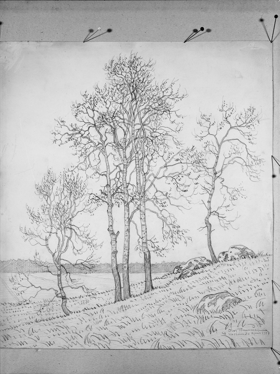 Konstverk - teckning med motiv från Vassunda socken, Uppland, signerad "Vassunda april 1938"