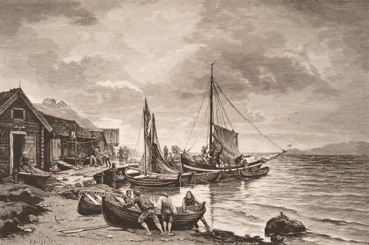 "Före stormen."
Motiv från Bohuslän.
Strand med sjöbodar och brygga. Segel halas och mindre båtar dras upp på stranden.