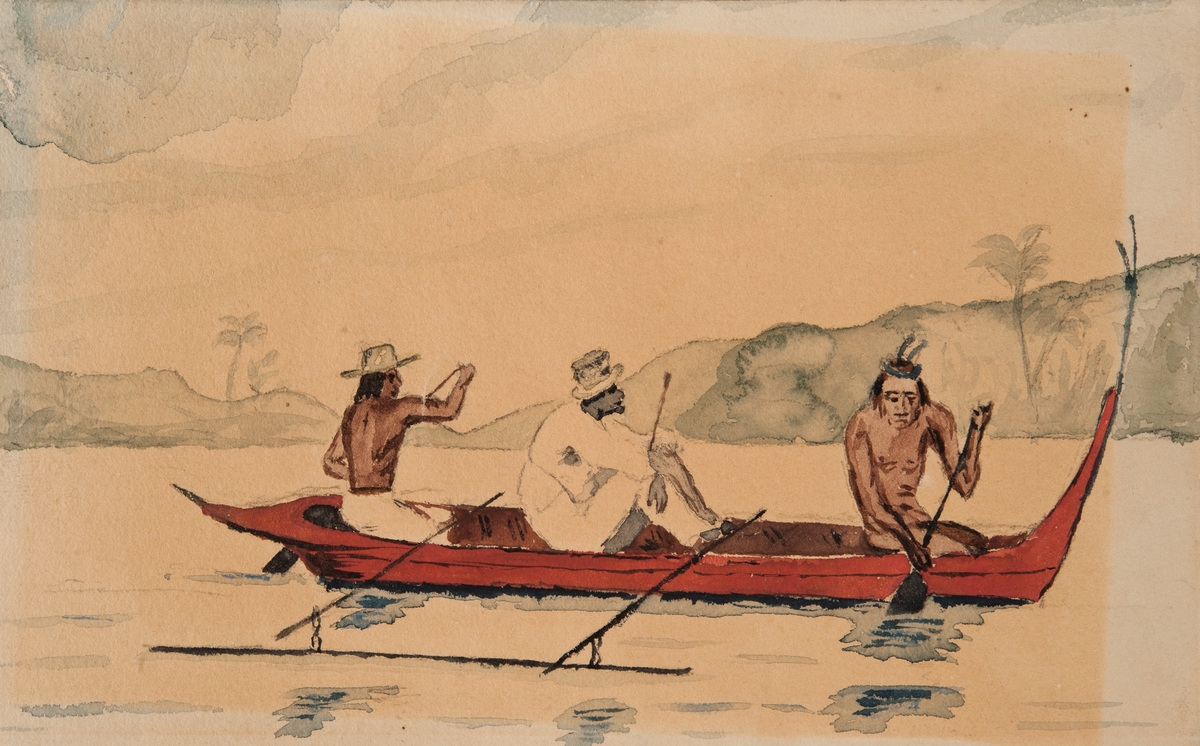 Tre män i röd kanot med utriggare.