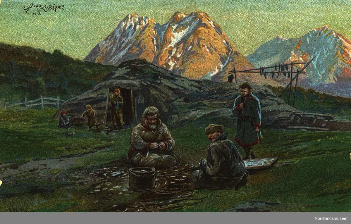 Bilde av maleri av Wilh. Peters. Motiv: Sjøfinner ved Ullsfjord.