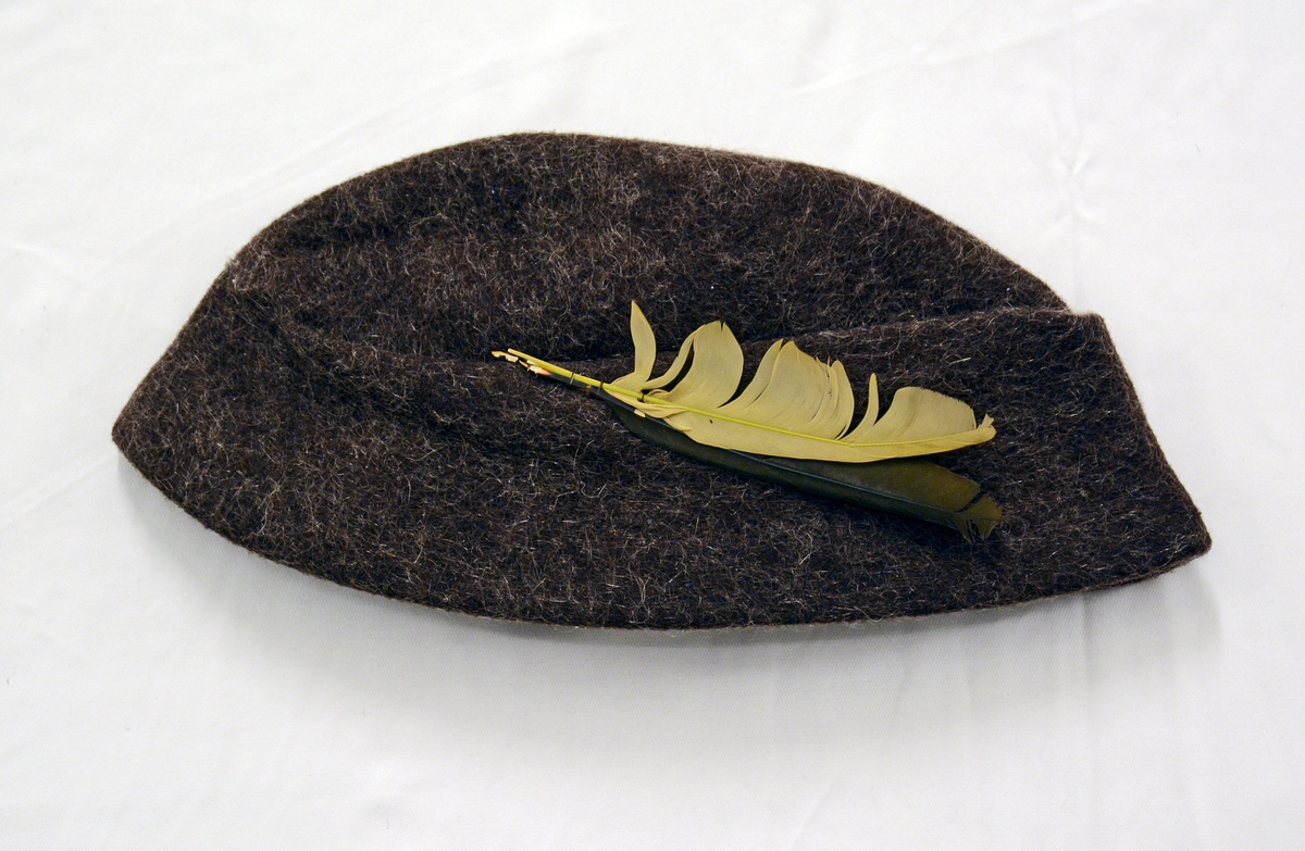 Liten hatt (pull) av ullfilt, med fjærpynt. Brun.
Hatten er ikke fòret, har en brettekant på 2 cm. Det er plassert to stk fjær, en sort og en beige på høyre side.