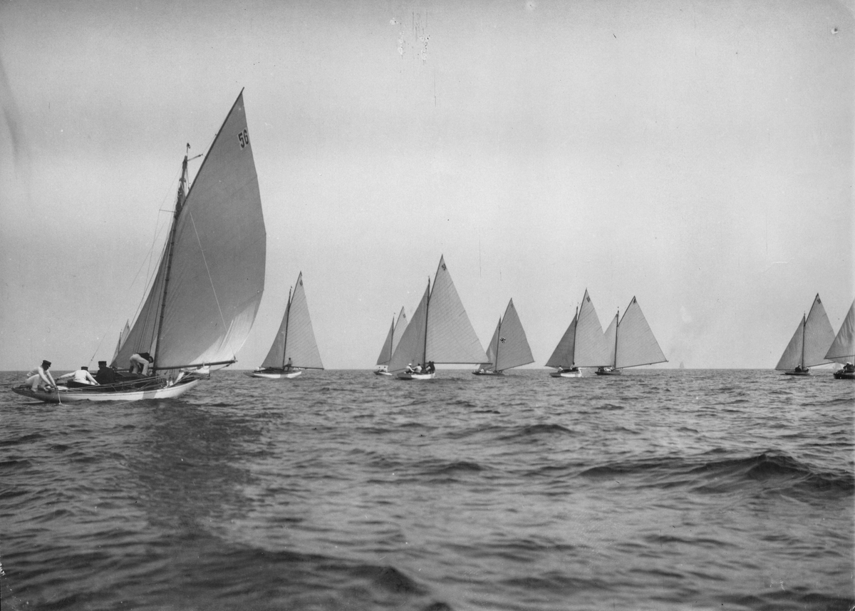 Fartyg: BYLGIA II                     Rederi: Lewander, RobertByggår: 1897Konstruktör: Nygren, AxelÖvrigt: Från Norrköping-Sandhamns-regattan 1906, fjärde starten utanför Arkö under andra dagens seglingar 11 juli. BYLGIA II är båten t v närmast kameran, med segelnummer 56; skärpan tillåter inte säker identifikation av de andra båtarna.