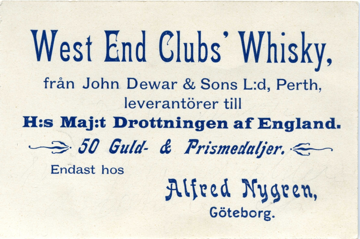 Kort med "Nordpolsfararen i luftballong Öfveringeniör S A Andrée" och reklam på andra sidan för "West End Club's Whisky."