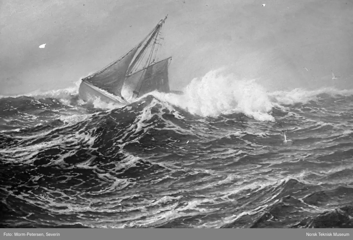 Marinemaleri, malt av Carl Wilhelm Barth, omgitt av fotografisk utstyr. Fra pakke merket "Norsk Malerkunst Barth"