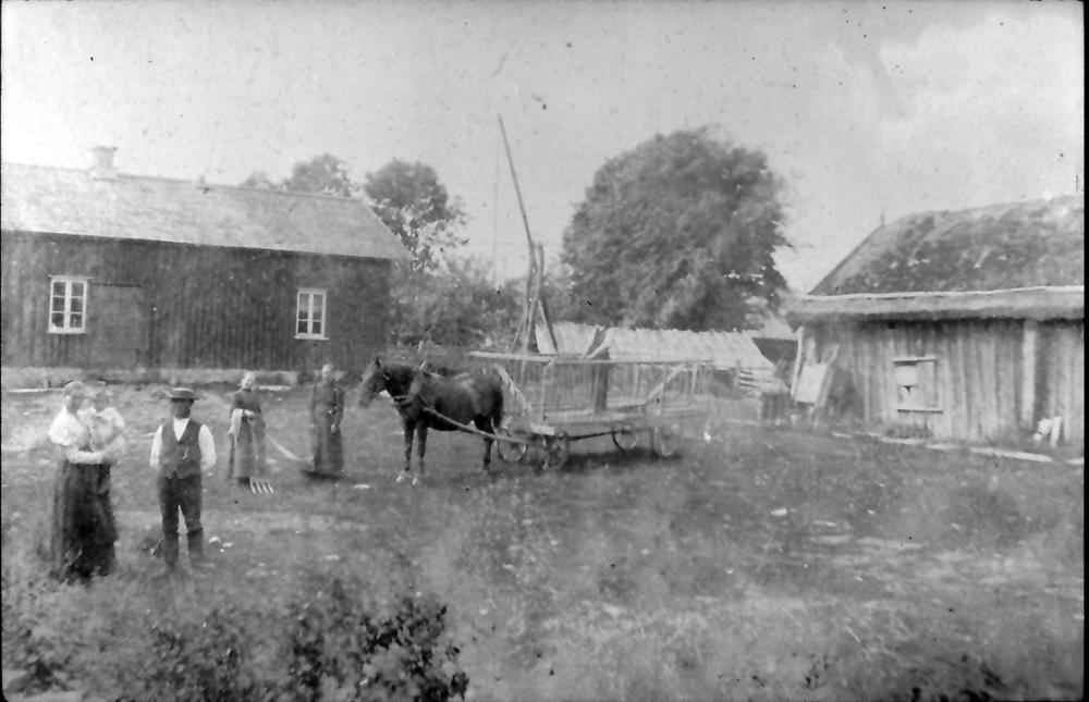 Friggeråker, Backgården ca 1890. Fr. v. Ida med dotter Hildur, August född 1849. Husbondfolket. Britta-Stina bodde i en av små stugorna vid Jättedreven. Tekla var piga där
