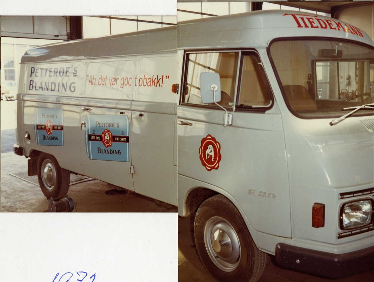 Fotomontasje, varebil fra Tiedemann med reklame for Petterøe tobakk.