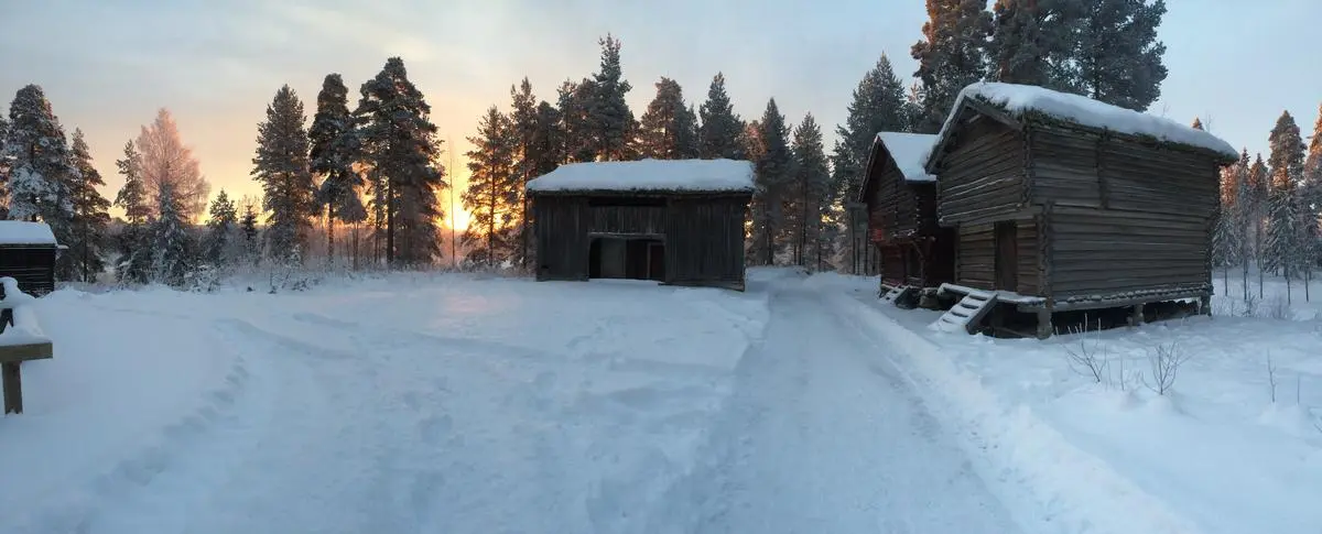 Stor-Elvdalstunet i januarkulde. Fra venstre Staistua, Koppangsloftet, Hovdebygningen, stabbur fra Koppang og Messelt.