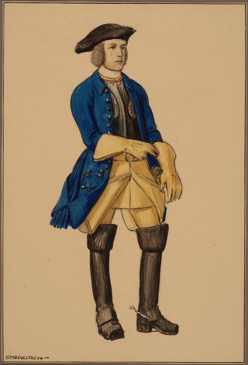 Plansch med uniform för officer vid Västgöta kavalleriregemente 1700, ritad av Einar von Strokirch.