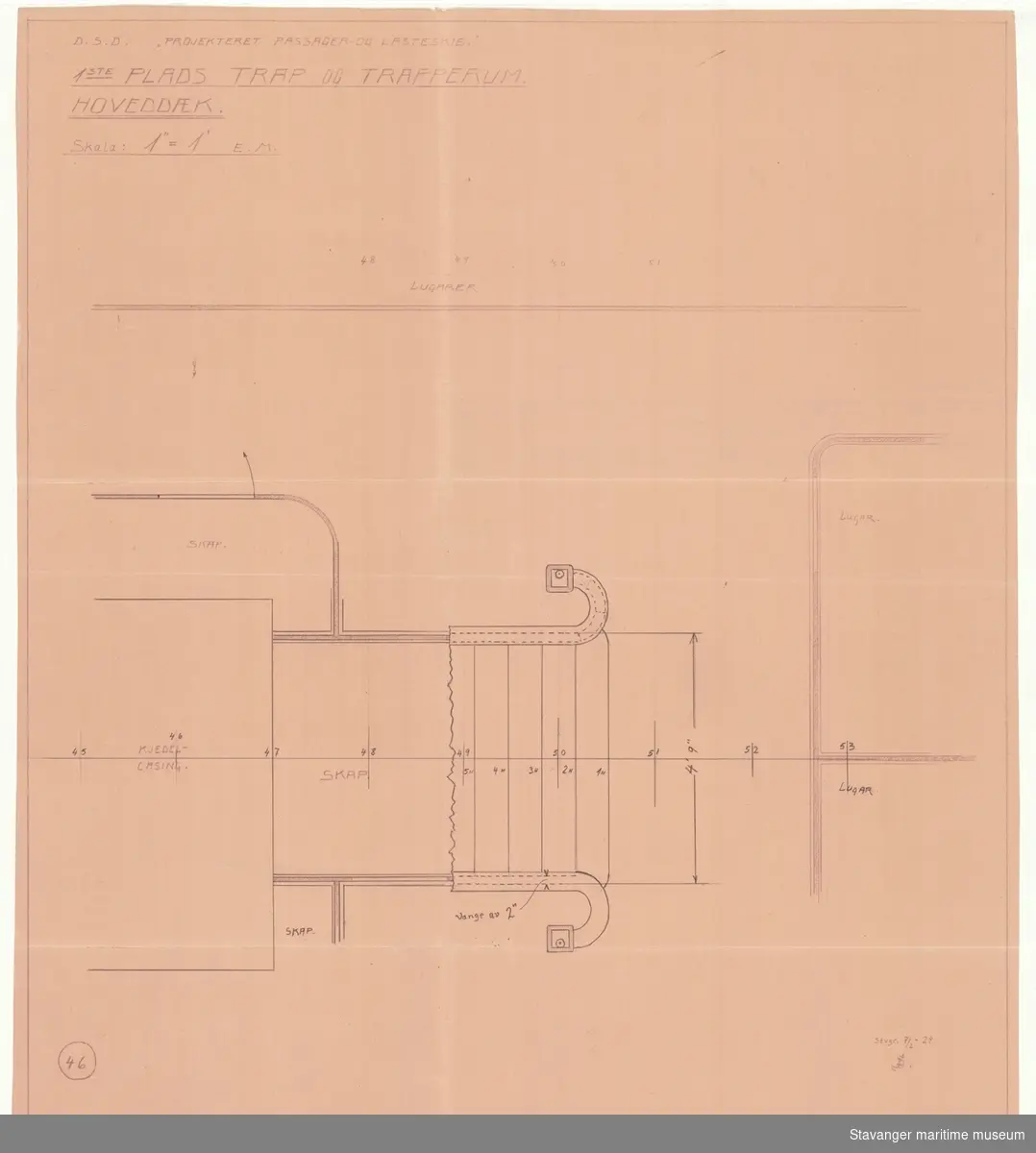 D/S ROGALAND. Plan av 1. plass trapperom, hoveddekk.07.02.1929.