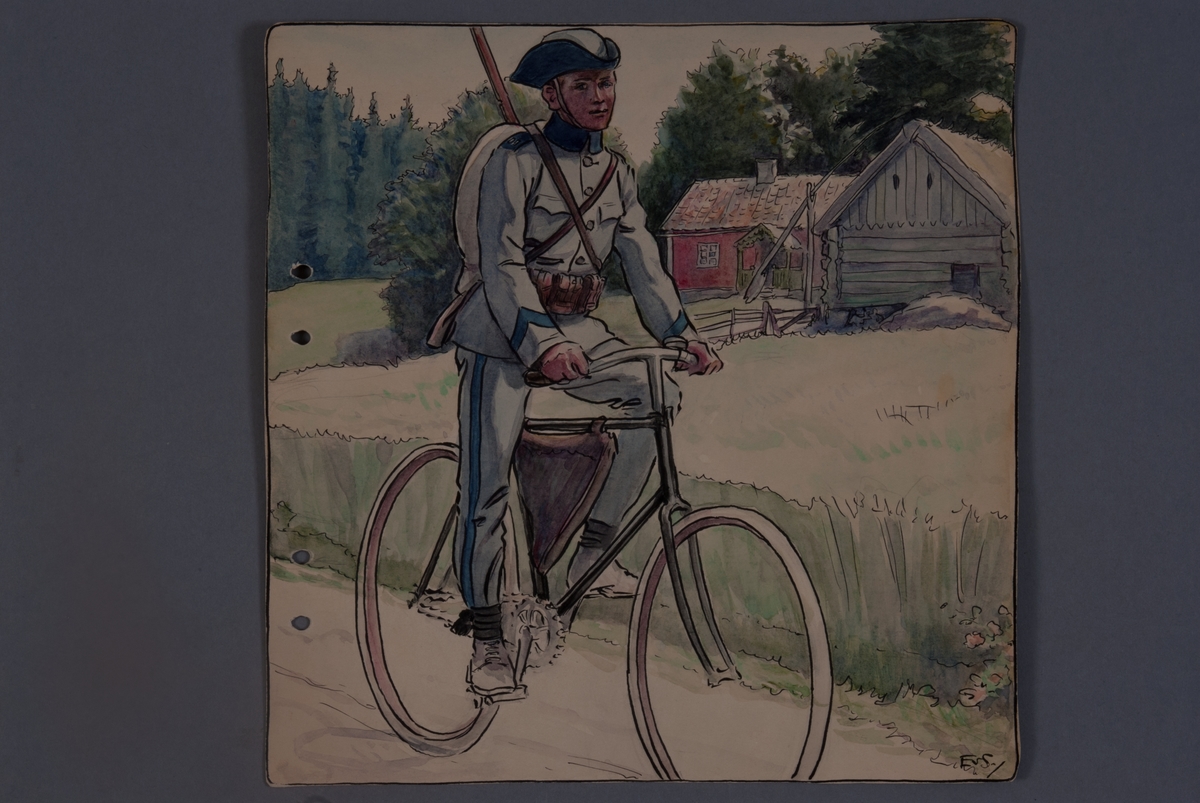 Soldat i uniform m/1910 på cykel, teckning av Einar von Strokrich.