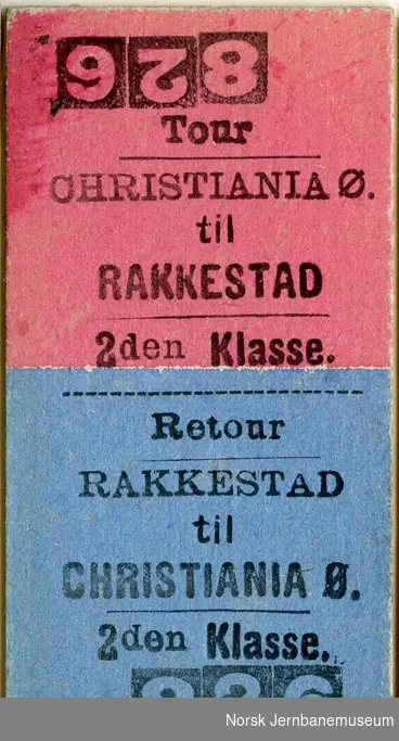 Tur/returbillett Christiania-Rakkestad , 2den Klasse, ubrukt.