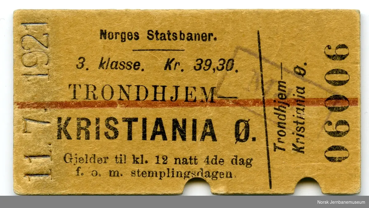 Billett Trondheim-Kristiania Ø, 3. klasse, brukt