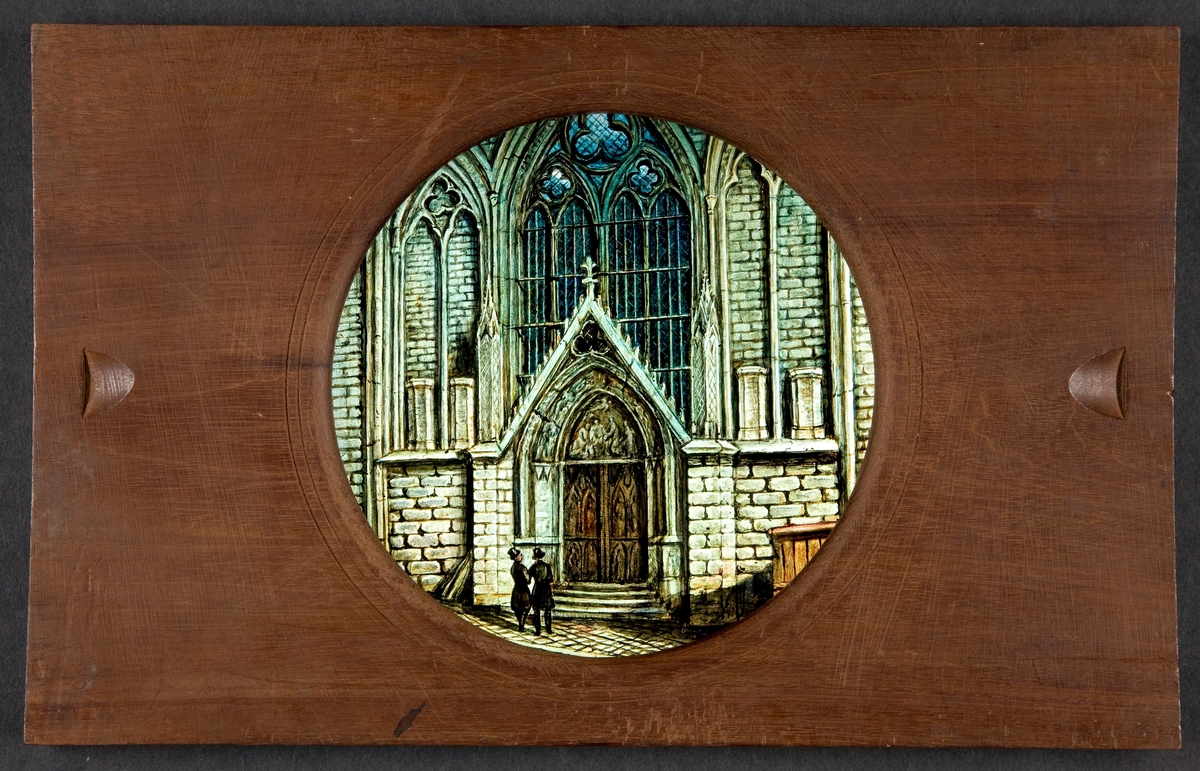 Laterna magica bild målad i färg på glasskiva.
"Notre Dame No 1".