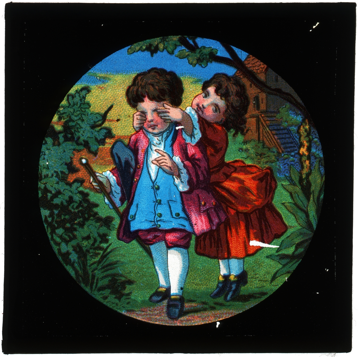 Målad bild på glas för skioptikon/laterna magica.
Pojke och flicka i skogen.