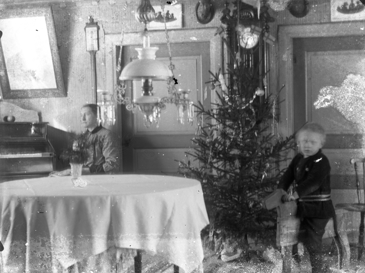 Interiör från Höjder i Karl Gustav. Ett rum med julgran. Dörrspeglarna är dekormålade och det hänger en fotogenlampa i taket. Vid ett bord i bortre änden av rummet sitter Elemina Sikén. Sonen Axel sitter på en leksakshäst vid granen.
(Se även bild E6862)