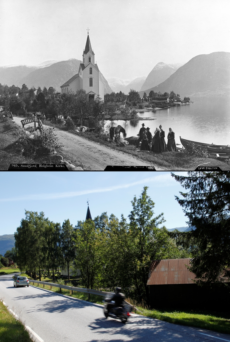 Refotografering. Helgheim kirke ved Jølstervannet i Sogn og Fjordane. Fotografert 1885 og 2012. Kirke og fjell er nå skjult av trær, og båttransport er skiftet ut med biler og motorsykler.