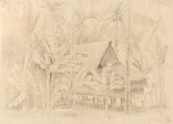 Malayerhytte og bananpalmer, Penang [Tegning]