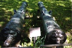 Landskap. På bakken ligger to kanoner med fantasifulle utsmy