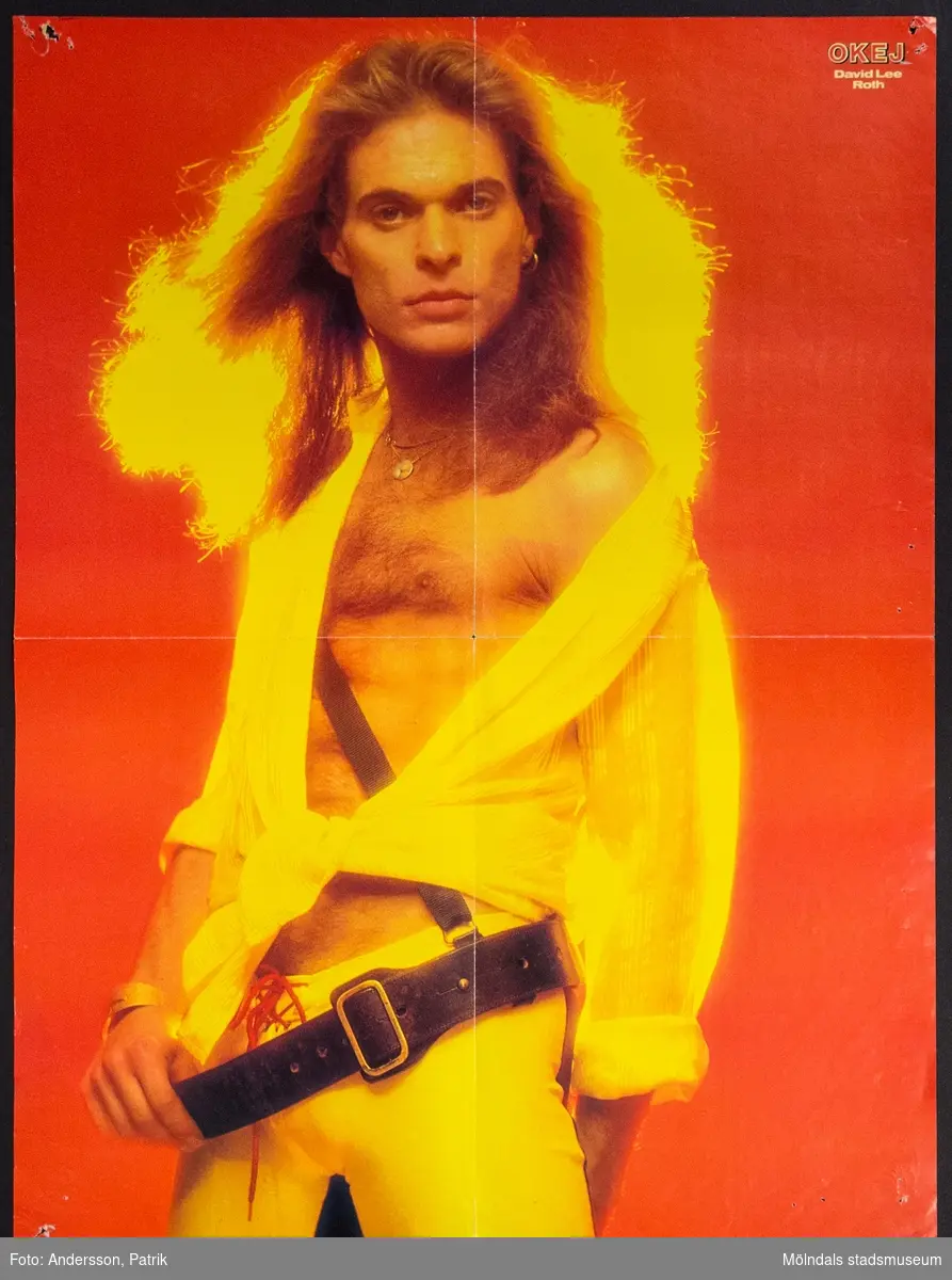 Poster från tidningen Okej, Nr. 15 1984, pris 10,75 kr.

Postern är dubbelsidig.
På ena sidan av postern finns: David Lee Roth, som är en amerikansk musiker och sångare. Han är mest känd för att ha varit sångaren i hårdrocksbandet Van Halen mellan 1978-1985.

På andra sidan av postern finns: Bruce Boxleitner, i sin roll Luke Macahan i den amerikanska TV-serien Familjen Macahan. TV-serien började sändas första gången i Sverige i september 1978 och var mycket populär under 1980-talet. Sedan dess har serien gått i repris flera gånger.

Tidningen Okej var en poptidning som gavs ut första gången 1980. Den gjorde succé under 1980-talet och räknas som Sveriges största poptidning. Det som gjorde tidningen speciell var blandningen mellan hårdrock och svensk popmusik. Både killar och tjejer läste tidningen. Sista nummret av tidningen Okej gavs ut 2010.