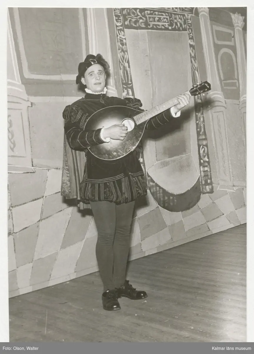 En musikant som spelar mandolin vid en teater.