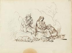 Gjeterfamlie med hund ved bål [Tegning]