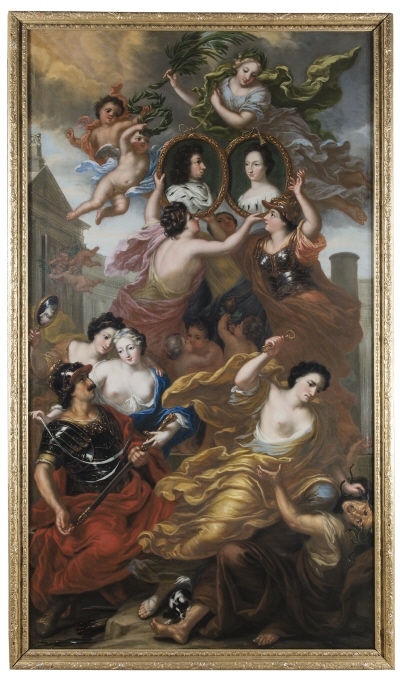 Tre gudinnor, Caritas (kärleken), Constantia (beständigheten) och Concordia (endräkten) hålla tillsamman upp två ovala porträttmålningar föreställande Karl XI och Ulrika Eleonora d.ä. Gudinnorna äro klädda, en i mörk rustning, hjälm och brunt draperi, en i grönvit klänning och ljust lila draperi samt en i gul klänning och blått draperi. Konungen och drottningen äro bägge framställda i bröstbild och klädda i hermelin. Över porträtten svävar fredens gudinna Pax iklädd blå dräkt och guldgrönt draperi samt med en olivkvist i handen. Hon håller porträtten sammanbundna med en gyllene tråd. Till vänster sväva två putti med lagerkransar och nedanför gudinnorna leka tre putti. I tavlans nedre parti synes till vänster Prudentia (klokheten) med en spegel i handen och Mansuetudo (saktmodigheten) i vit dräkt med blå mantel. De övertala krigsguden Mars, iklädd svart rustning och röd mantel, att lämna ifrån sig svärdet. Samtidigt låter Mars frivilligt fängsla sig med ett vitt band. Nedanför honom ligger krigsfacklan utsläckt och ett spjut avbrutet. Till höger fördriver Fidelitas (troheten) Invidia (avunden), som en King Charleshund samtidigt nafsar i benet. Fidelitas är iklädd en vitblå dräkt och gul mantel, Invidia har ormar i håret och är iklädd en smutsvit dräkt och brun mantel. I bakgrunden till vänster tillsluta två putti (symboliserande fredens barn) Janus tempel.