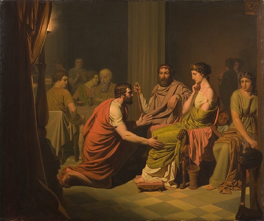 Målningen föreställer Odysseus knäböjande inför konung Alkinoos och drottning Arete. Mångfigurig scen i ljusdunkel. Stilen utpräglat nyantik.