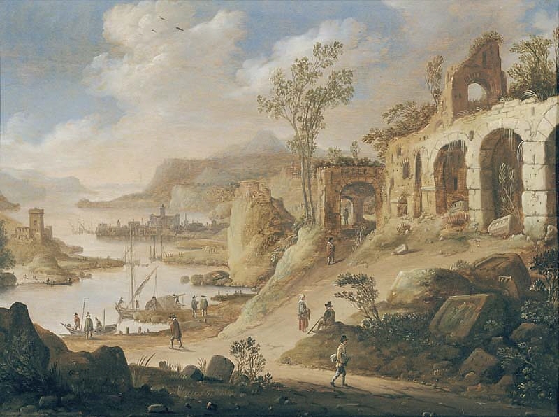 Landskap med hamnstad och ruiner