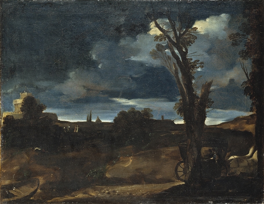 Den italienske målaren Guercino utförde flera målade och tecknade landskap i denna stil.  Formerna är balanserade och det finns ett harmoniskt lugn i bilden. Trädstammen och vagnen i förgrunden avgränsas mot vattnet, borgen och segelbåtarna i bakgrunden, vilket skapar ett djup. Månljusets sken ger en särskild stämning. Under 1600-talet utvecklades landskapsmåleriet till en egen genre. Landskapet i sig blev motivet och behövde inte innehålla någon berättande scen.