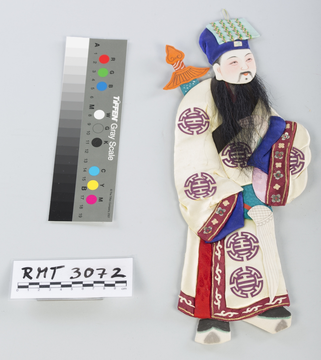 Todimensjonal dukke for veggheng. Dukken er en mann med bekledning og skjegg.