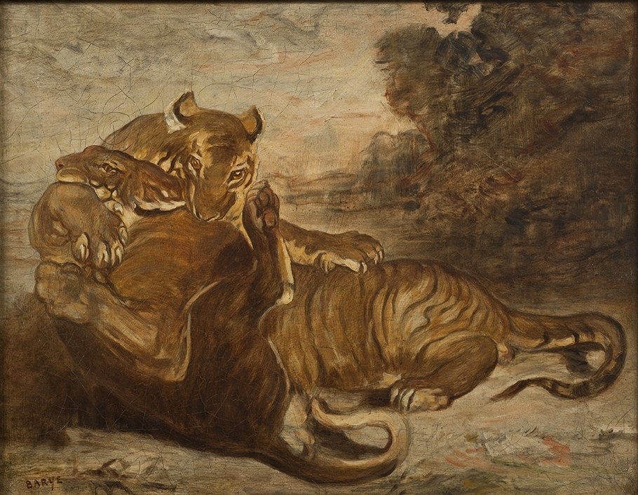 Barye utförde en stor mängd djurskildringar i form av skulpturer, teckningar och målningar. Framförallt fascinerades han av exotiska djur – ett intresse han delade med Delacroix. De var till exempel båda flitiga besökare av det kringresande zoo som förevisades i Paris runt 1830, där den berömda tigern Atir kunde studeras på nära håll. Också i Baryes verk är kamp och dramatik ett återkommande motiv.