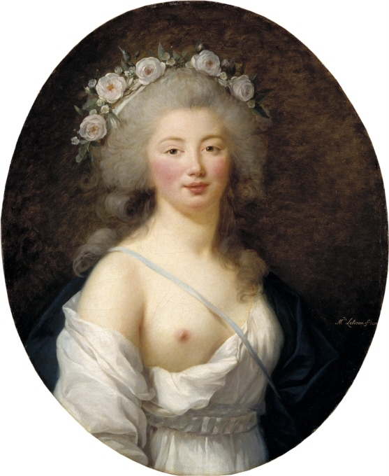 I 1700-talets kvinnoporträtt blev det vanligt att låta avbilda sig i olika roller – som herdinna eller som mytologisk gestalt. Den här kvinnan framträder som Flora – växtlighetens och fruktbarhetens gudinna. Hon bär en antikinspirerad dräkt som lämnar det ena bröstet bart. I äldre tider kunde bara bröst symbolisera moderskap,  men här är det snarare laddat med erotiska övertoner. Porträttet är utfört av Élisabeth Louise Vigée-Lebrun, en av de ledande franska porträttmålarna före, under och efter den franska revolutionen.
