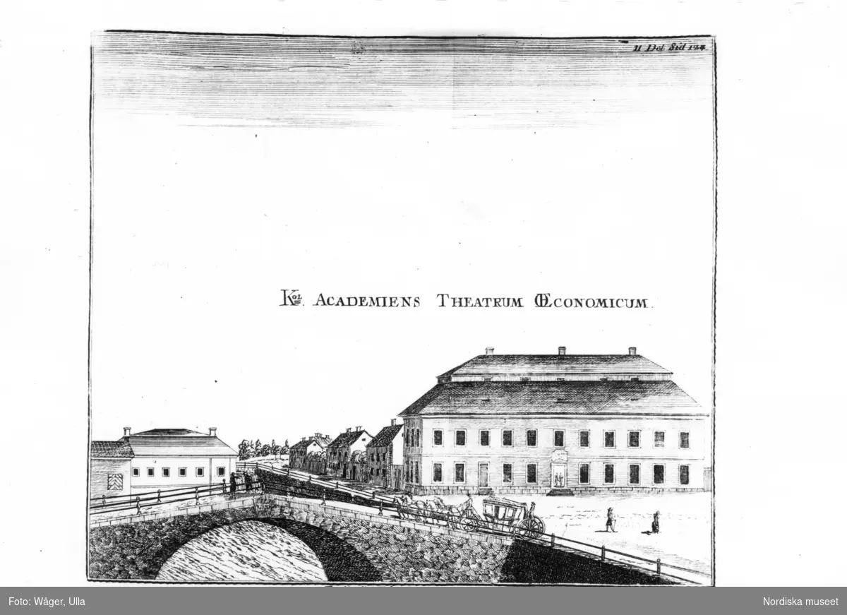 Theatrum Oeconomicum vid Gamla torget i Uppsala. Ur J B Busser: Utkast till beskriftning om Upsala. 1769.