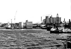 Havner og brygger i Moss. Fotografert fra BB-tomta mot mølle