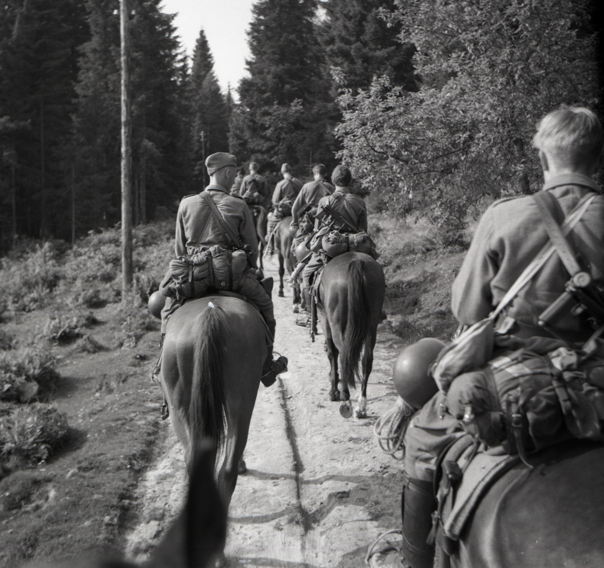 Värnpliktiga rider på en väg. Norrlands dragonregemente K4, Umeå, 1955-1956.