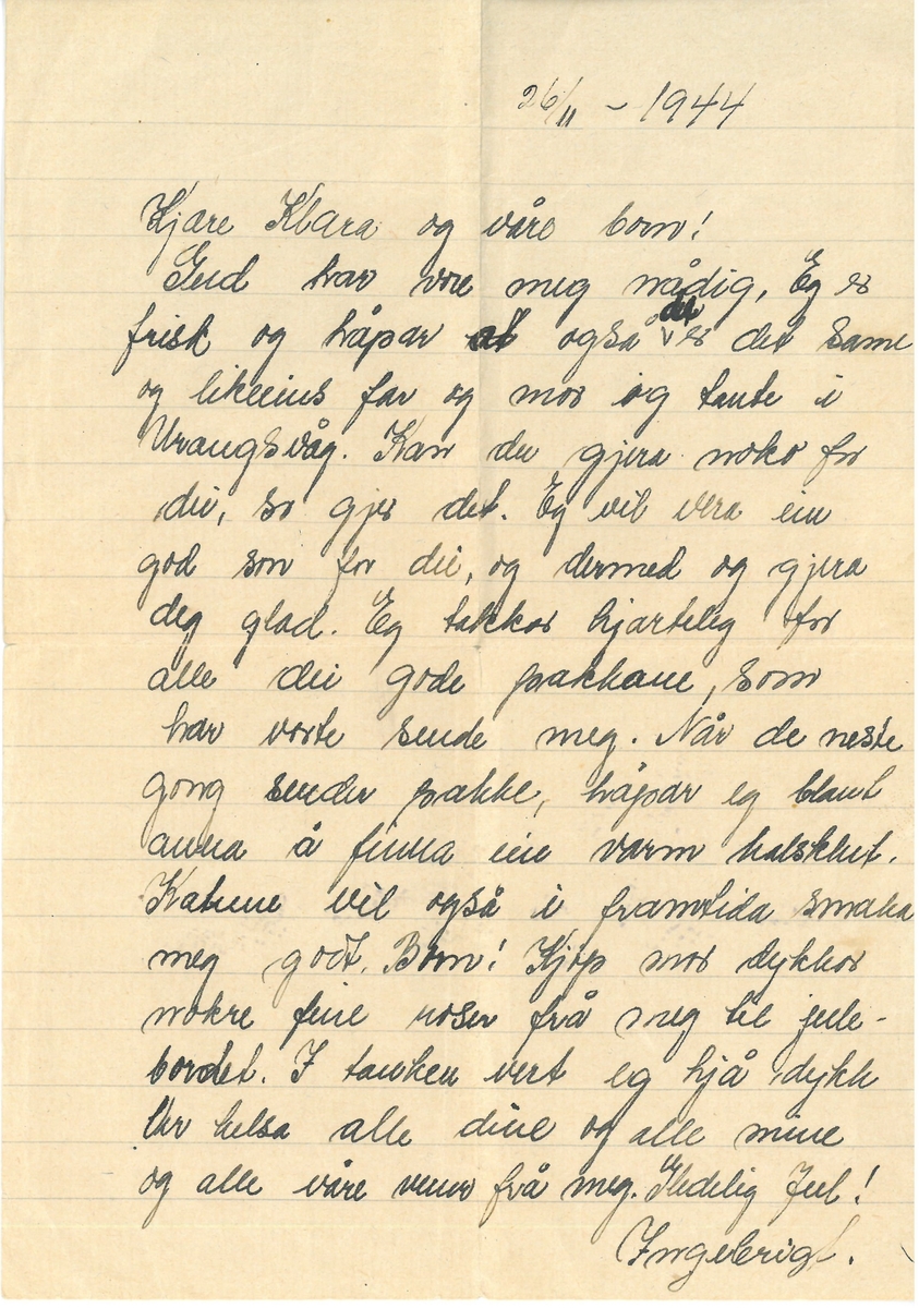 Handskrive brev på norsk. Datert 26.11.1944 av fange i Sachsenhausen.